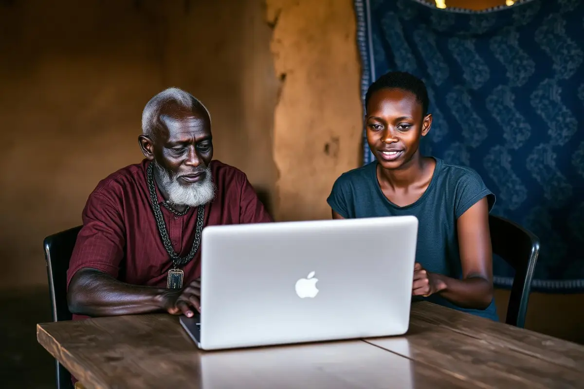 A Yorùbá elder and a young researcher working together at a laptop