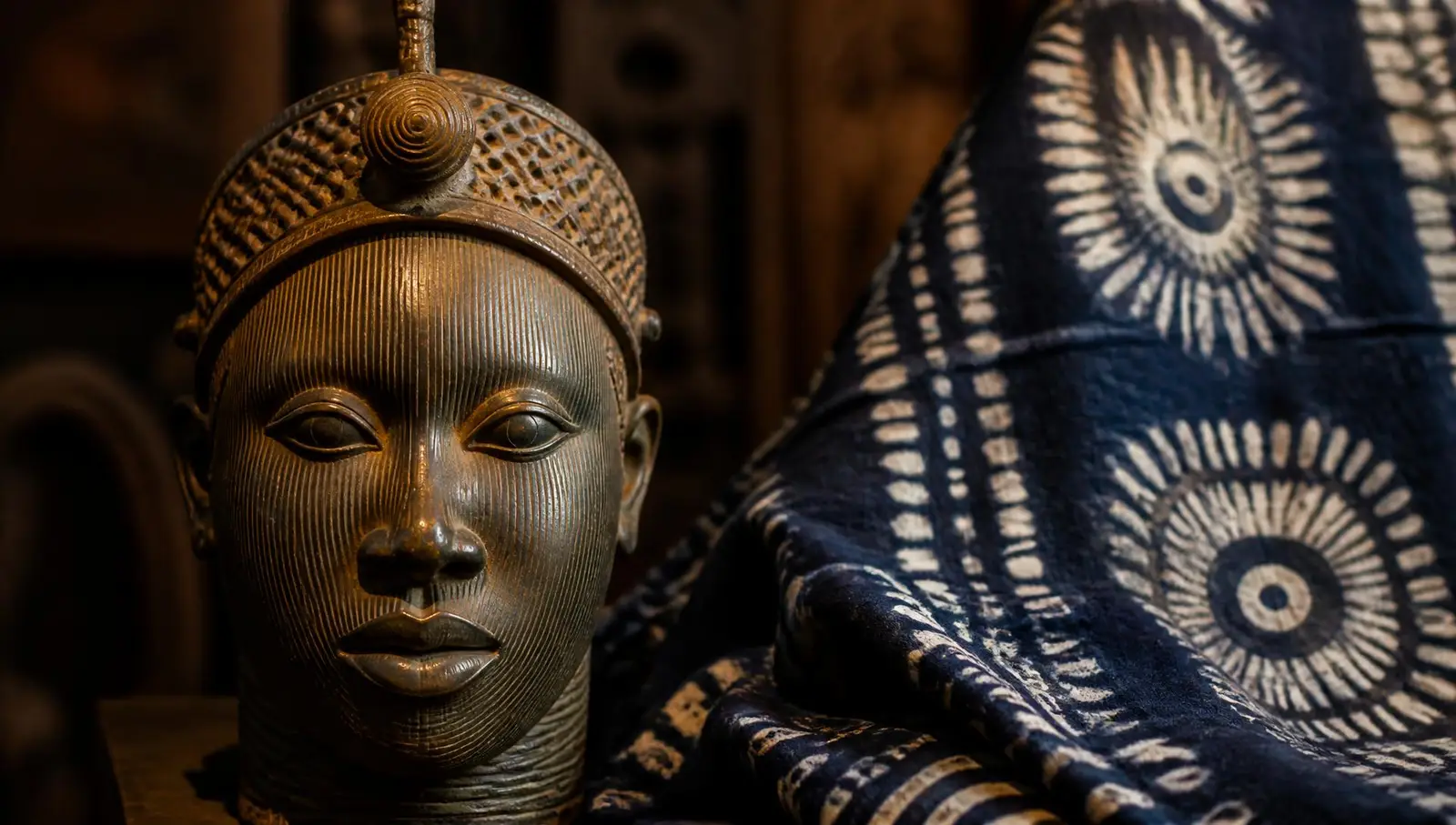 Bronze Ifé sculpture beside indigo adire cloth